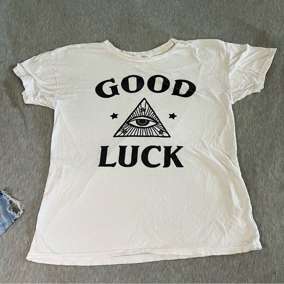 White Graphic Tee with 'Good Luck' Print - Picture 1 of 3